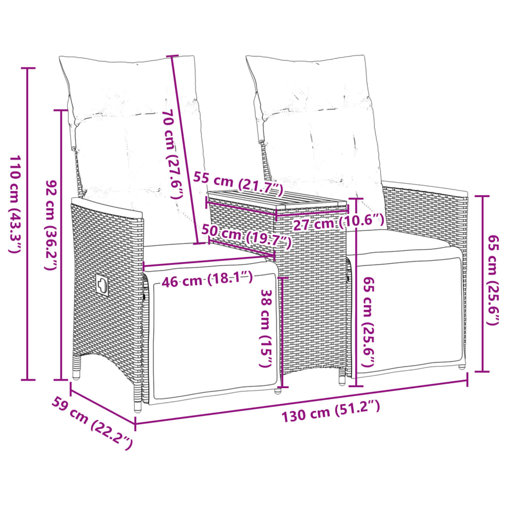 vidaXL Tuinbank 2-zits verstelbaar met tafel poly rattan grijs