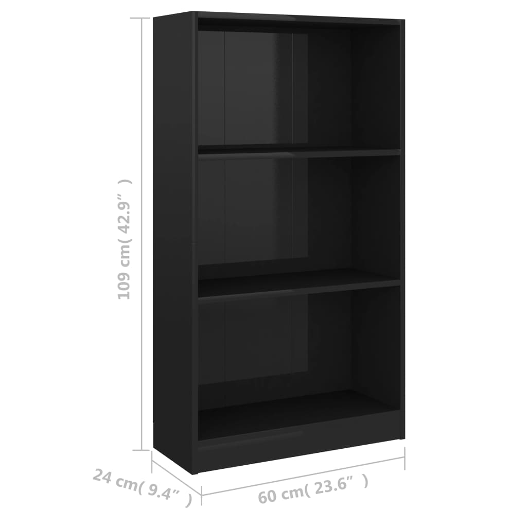 vidaXL Boekenkast 3 schappen 60x24x109 cm bewerkt hout hoogglans zwart