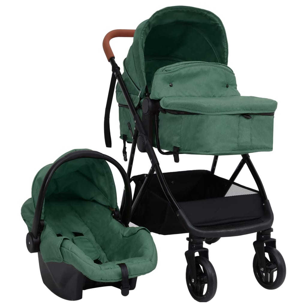 vidaXL Kinderwagen 3-in-1 staal groen en zwart