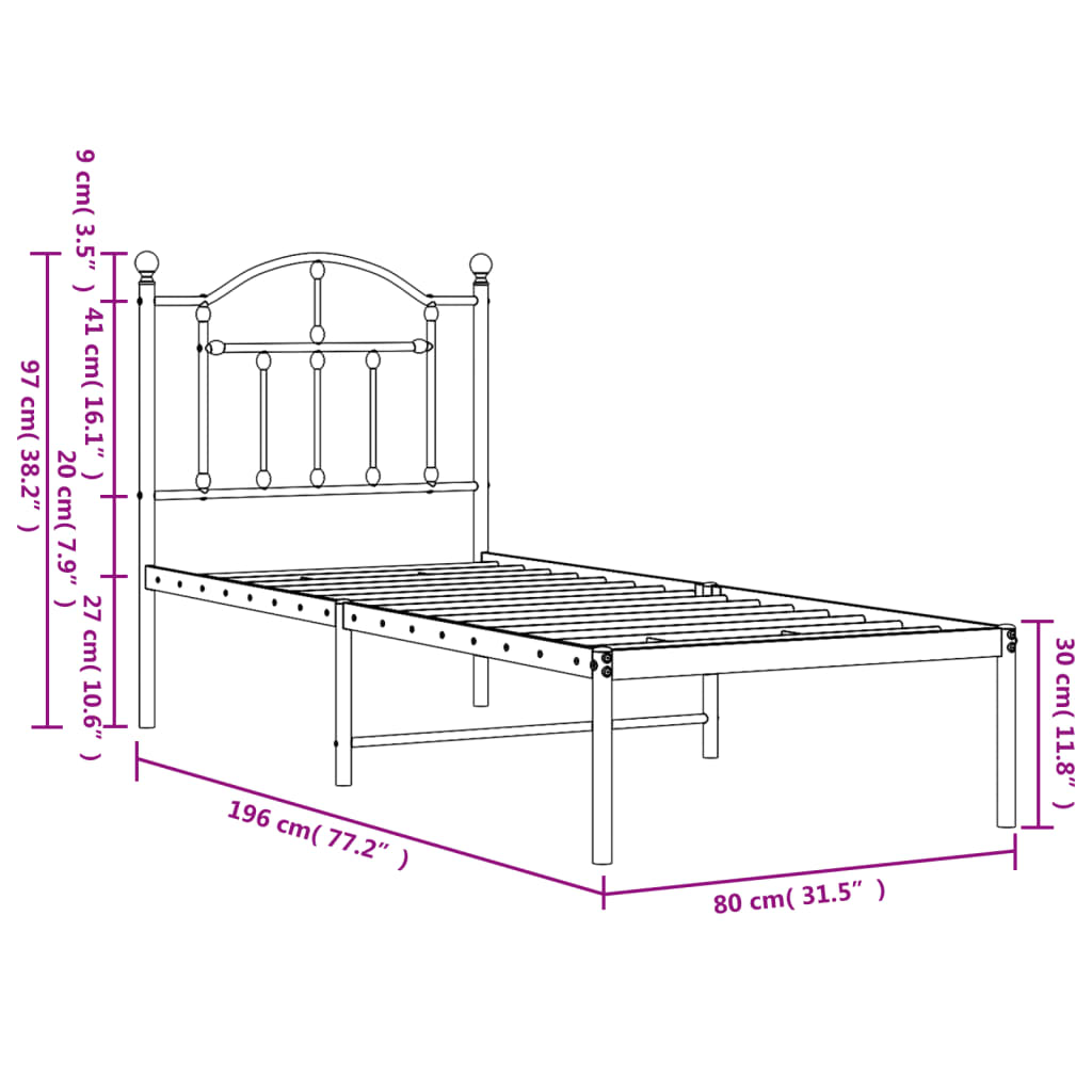 vidaXL Bedframe met hoofdbord zonder matras metaal wit 75x190 cm