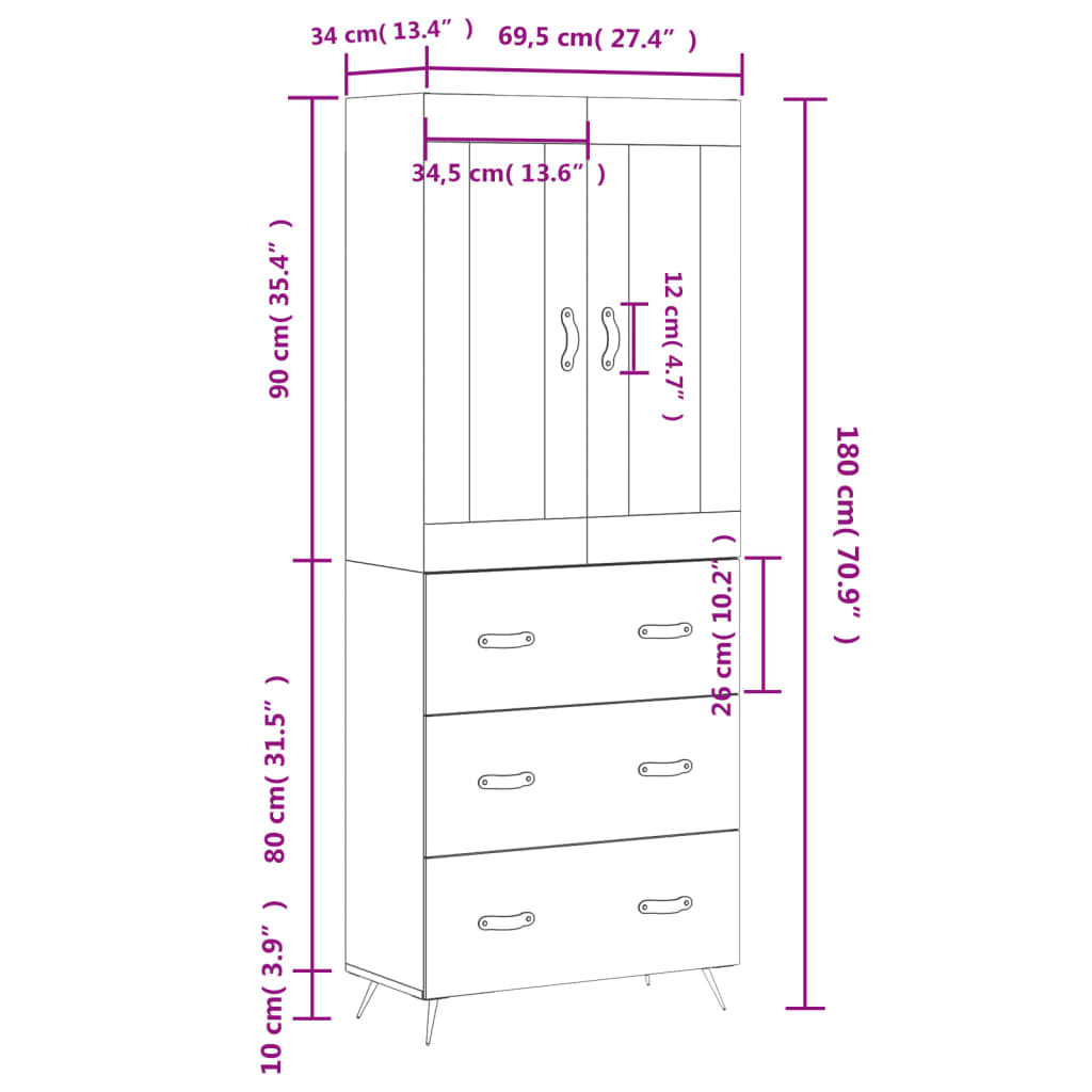 vidaXL Hoge kast 69,5x34x180 cm bewerkt hout betongrijs