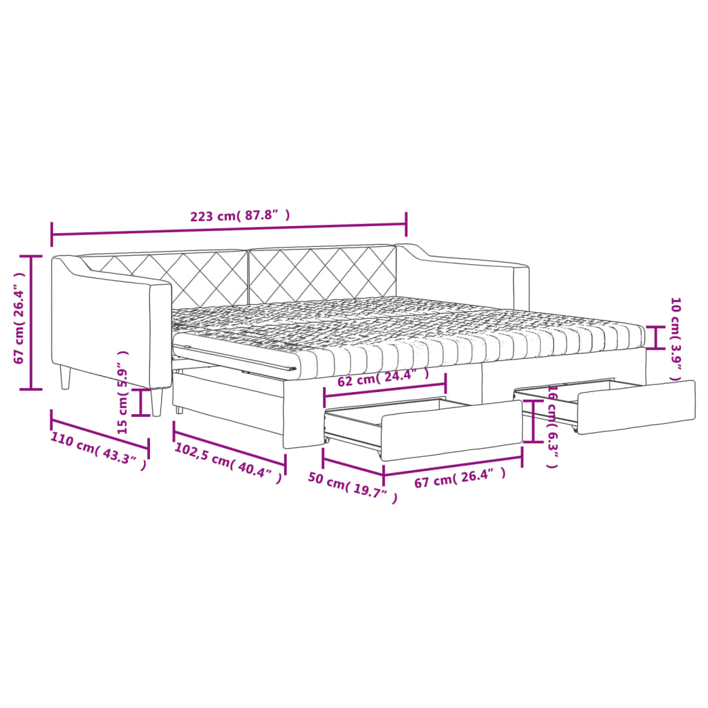 vidaXL Slaapbank onderschuifbed en lades 100x200 cm stof lichtgrijs