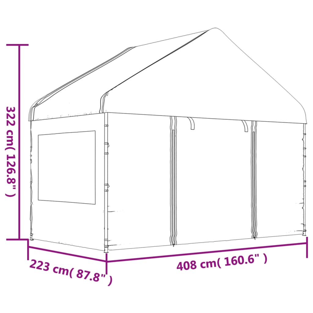 vidaXL Prieel met dak 13,38x4,08x3,22 m polyetheen wit