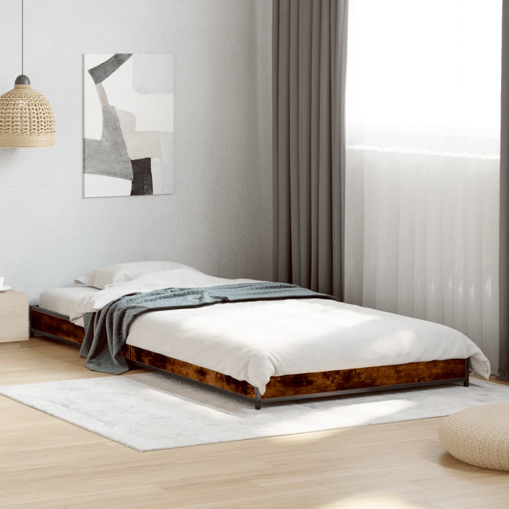 vidaXL Bedframe bewerkt hout en metaal gerookt eikenkleurig 90x190 cm