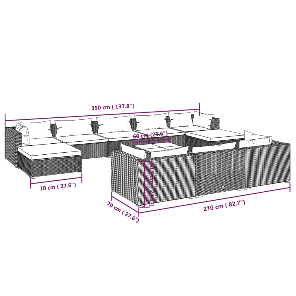 vidaXL 11-delige Loungeset met kussens poly rattan bruin