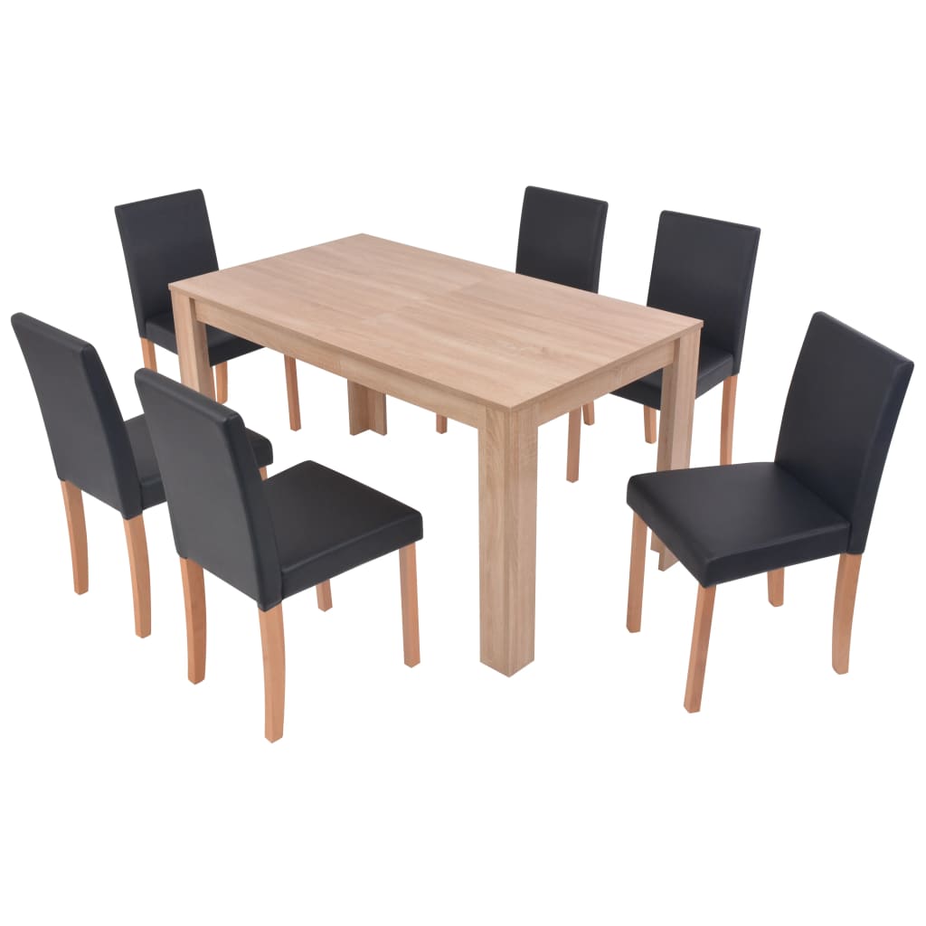 vidaXL Eettafel met stoelen kunstleer en eikenhout zwart 7 st
