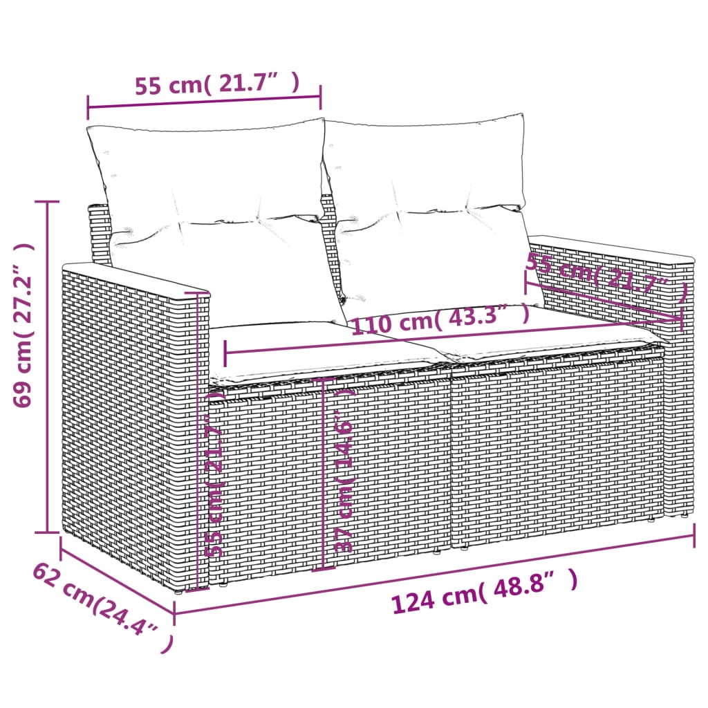 vidaXL Tuinbank 2-zits met kussens poly rattan grijs