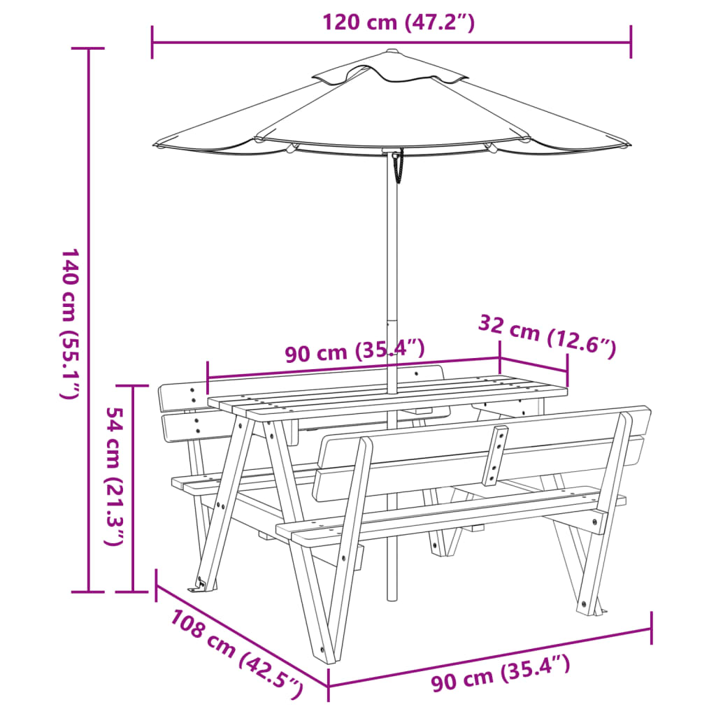 vidaXL Picknicktafel voor 4 kinderen met parasol massief vurenhout