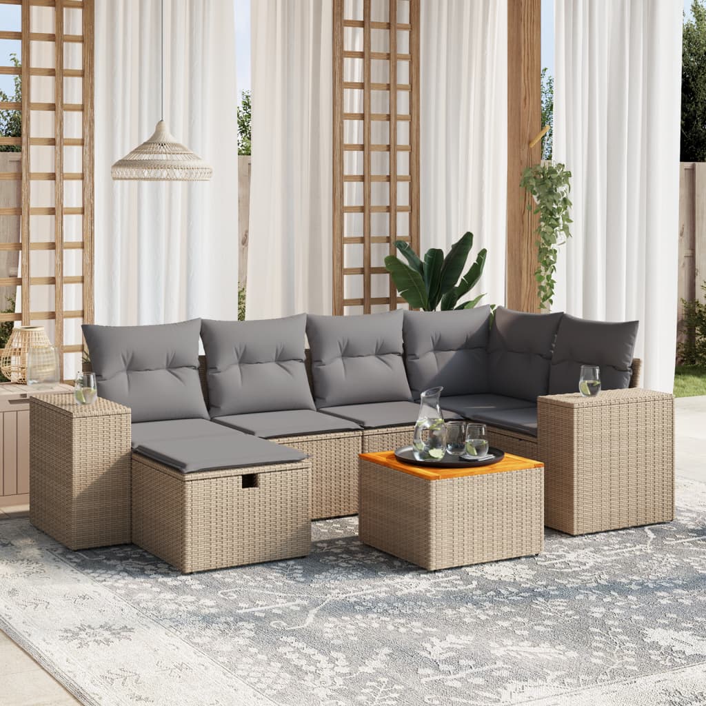 vidaXL 7-delige Loungeset met kussens poly rattan gemengd beige