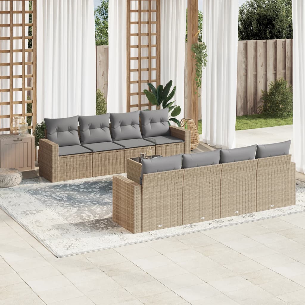 vidaXL 9-delige Loungeset met kussens poly rattan beige