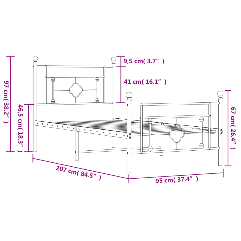 vidaXL Bedframe met hoofd- en voeteneinde metaal zwart 90x200 cm