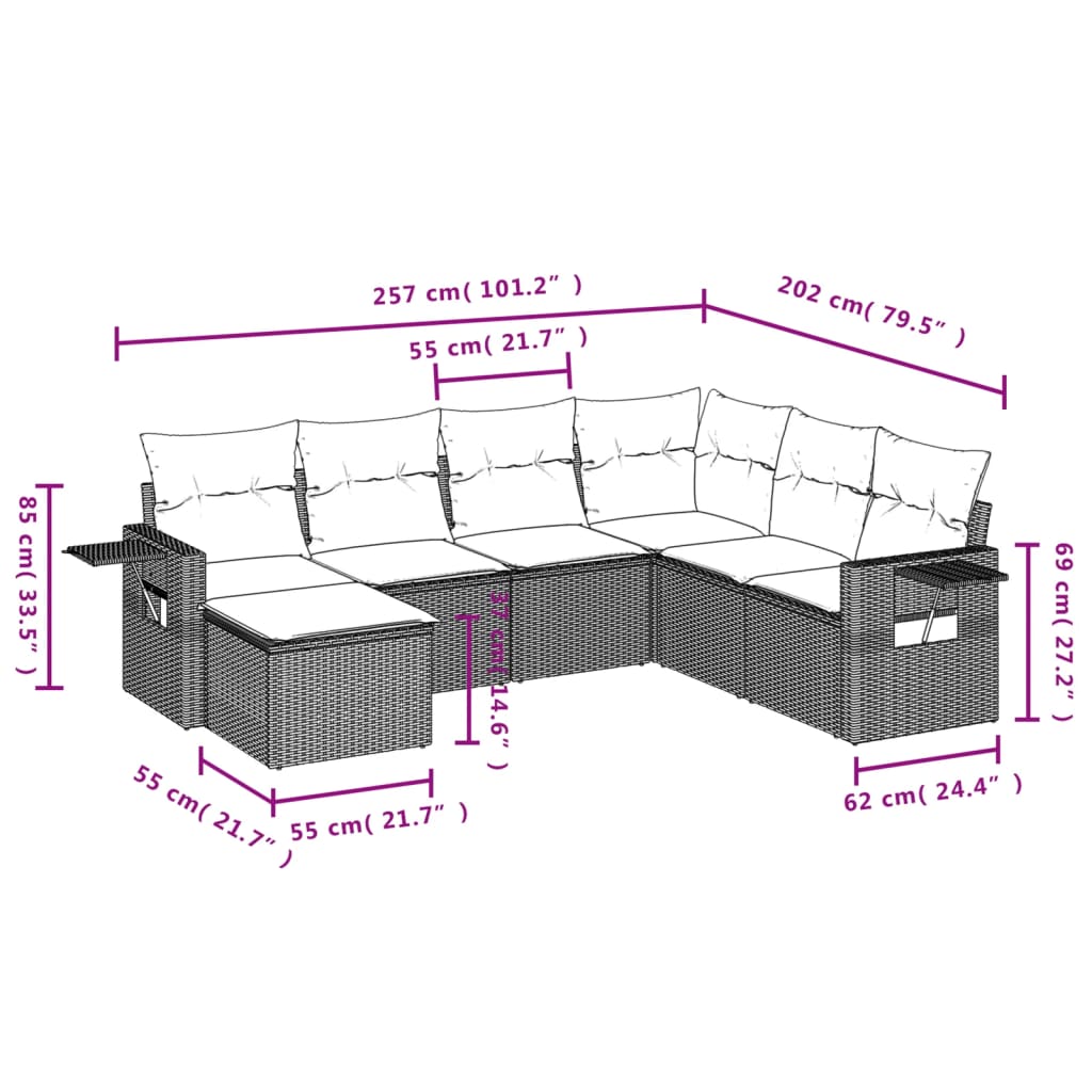 vidaXL 7-delige Loungeset met kussens poly rattan beige