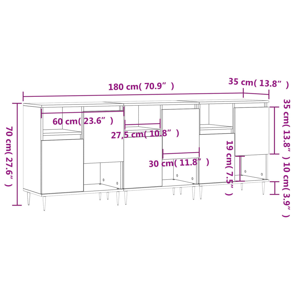 vidaXL Dressoirs 3 st bewerkt hout zwart