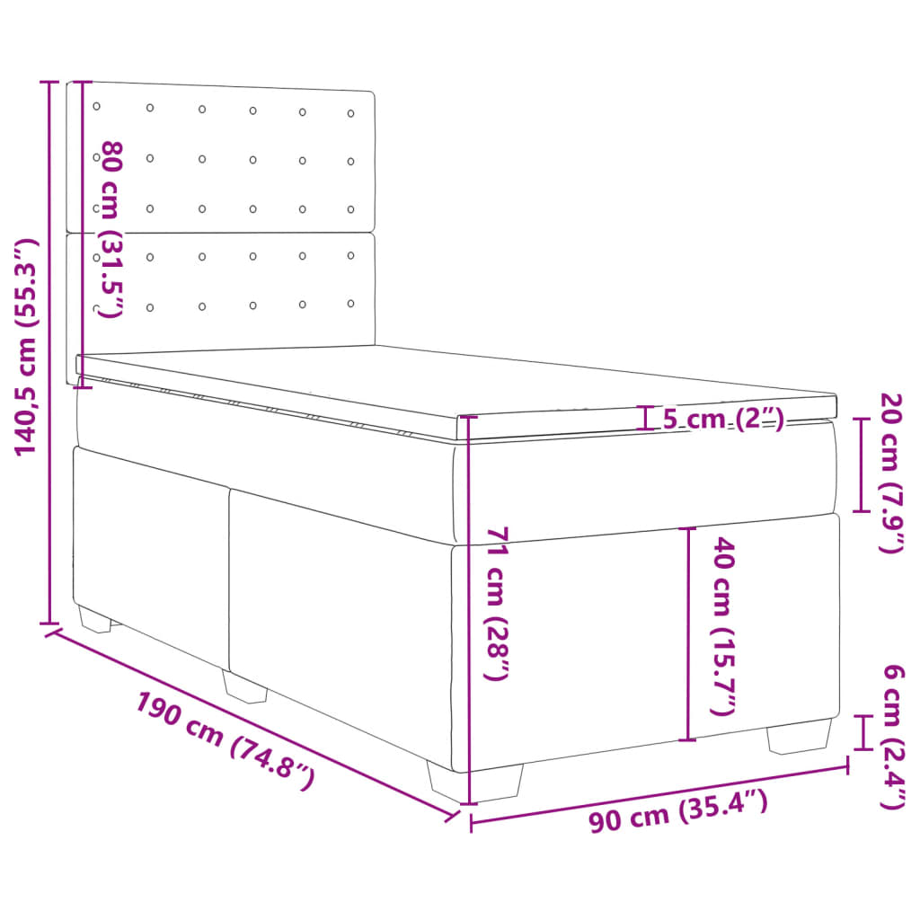 vidaXL Boxspring met matras fluweel lichtgrijs 90x190 cm