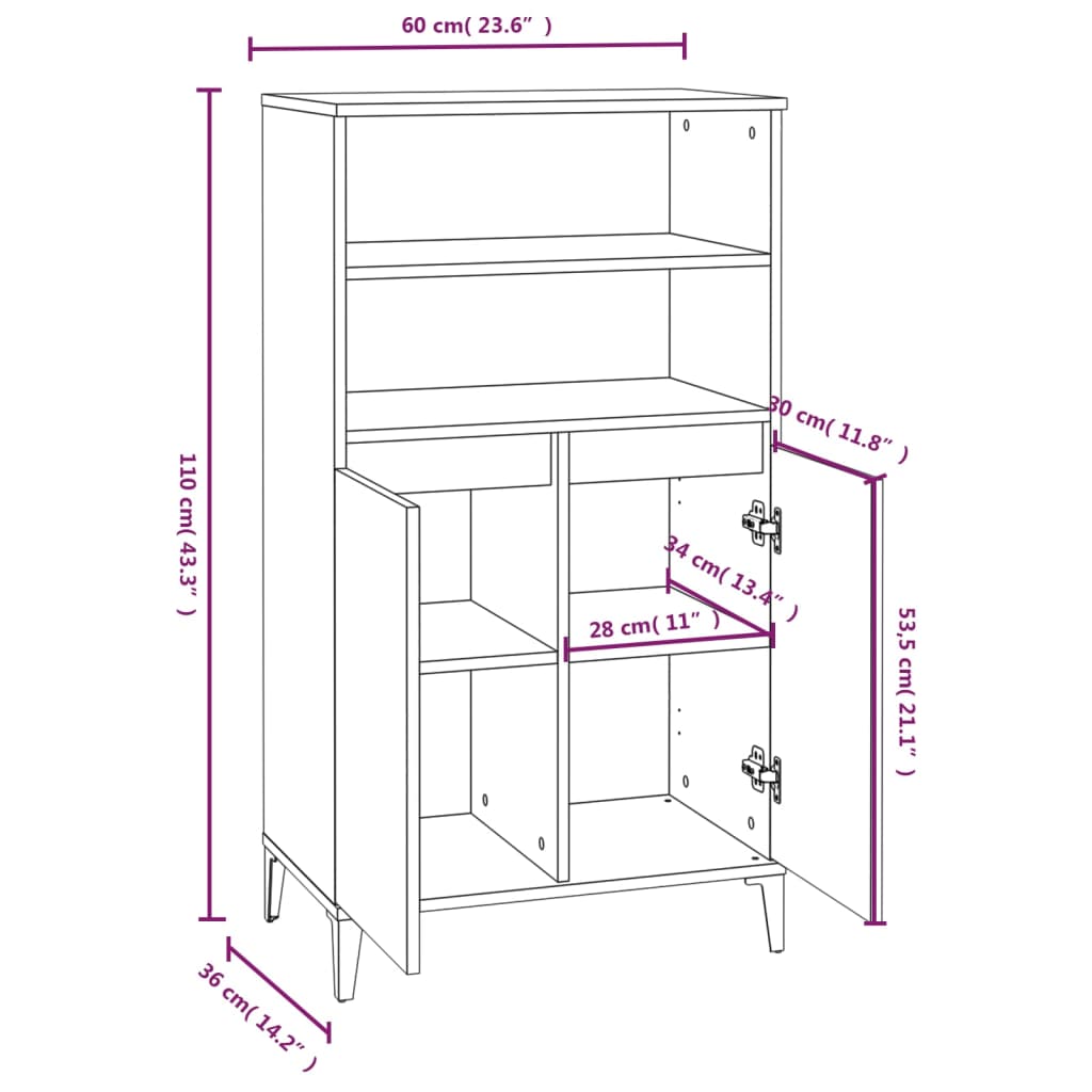 vidaXL Hoge kast 60x36x110 cm bewerkt hout zwart