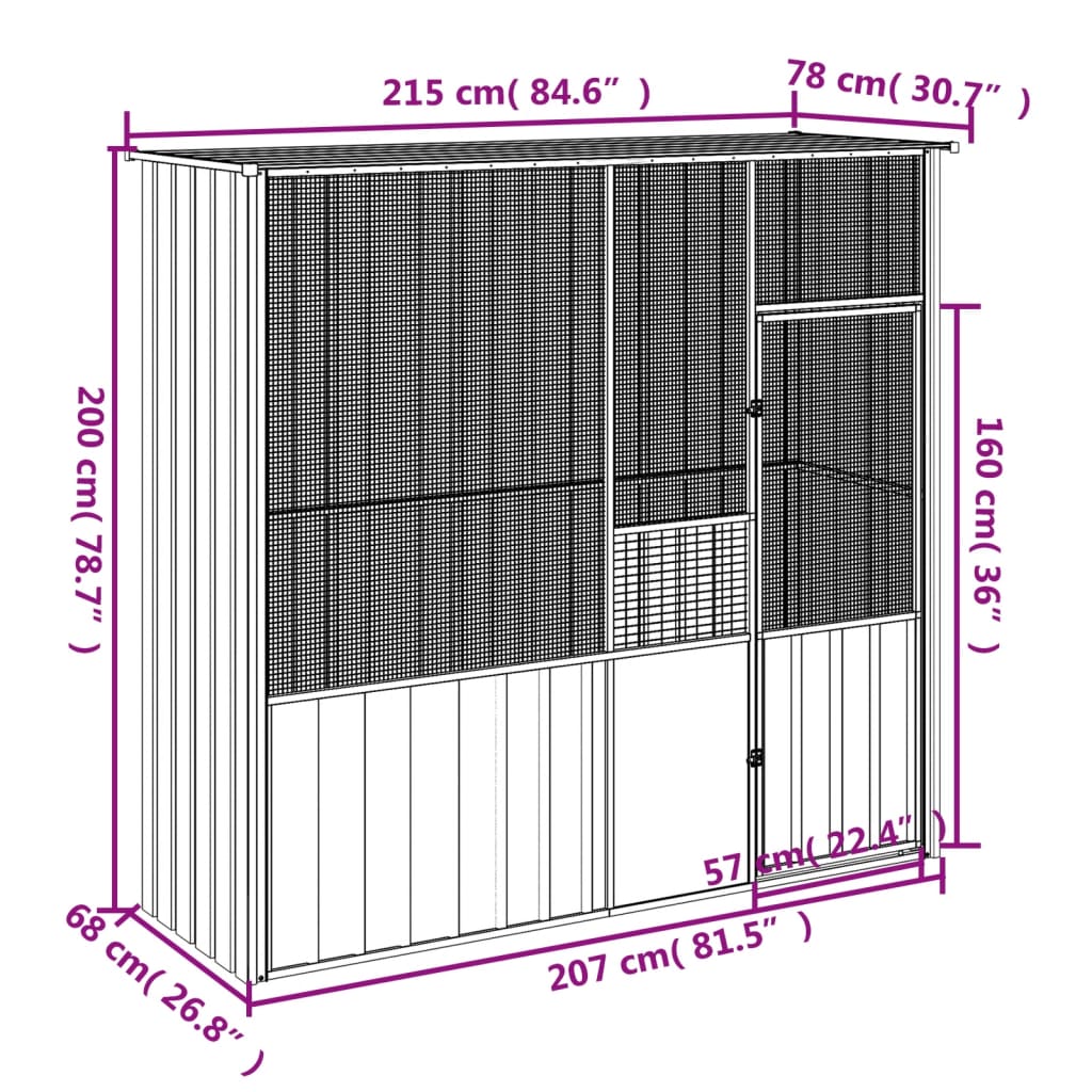 vidaXL Vogelkooi 215x78x200 cm gegalvaniseerd staal grijs