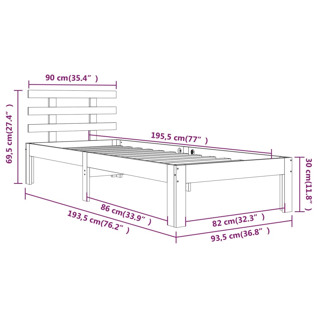 vidaXL Bedframe massief hout zwart 90x190 cm