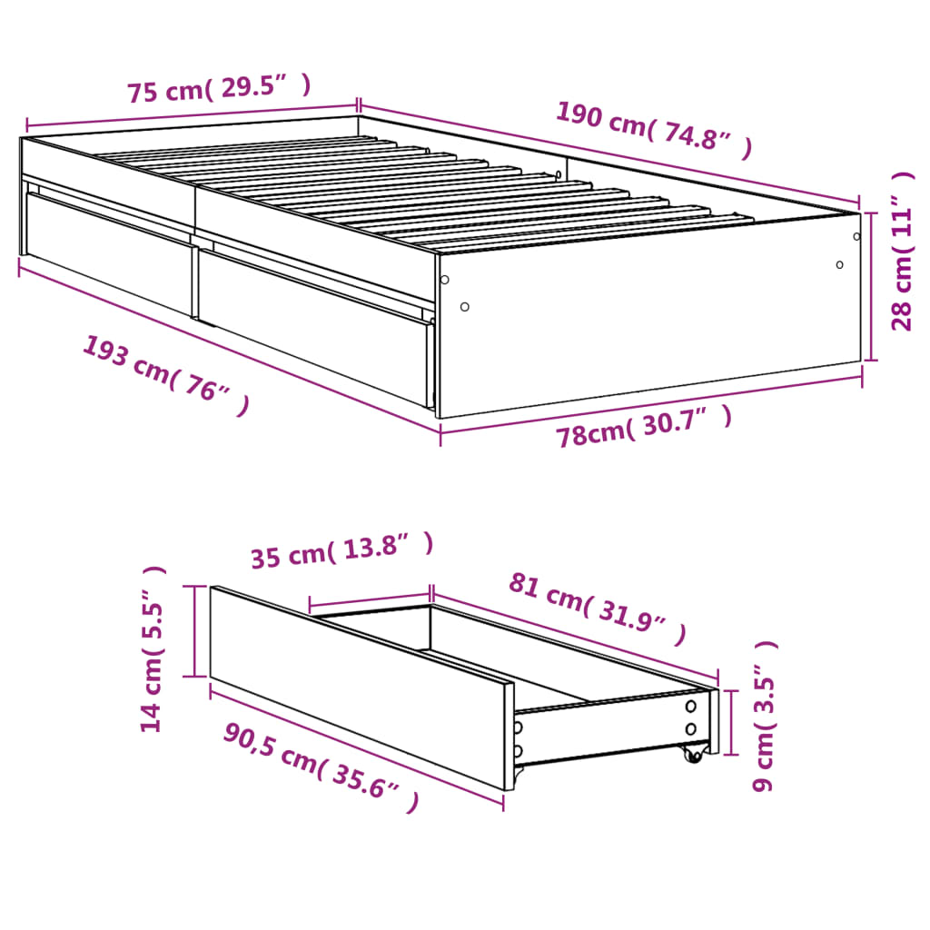 vidaXL Bedframe met lades bewerkt hout sonoma eikenkleurig 75x190 cm