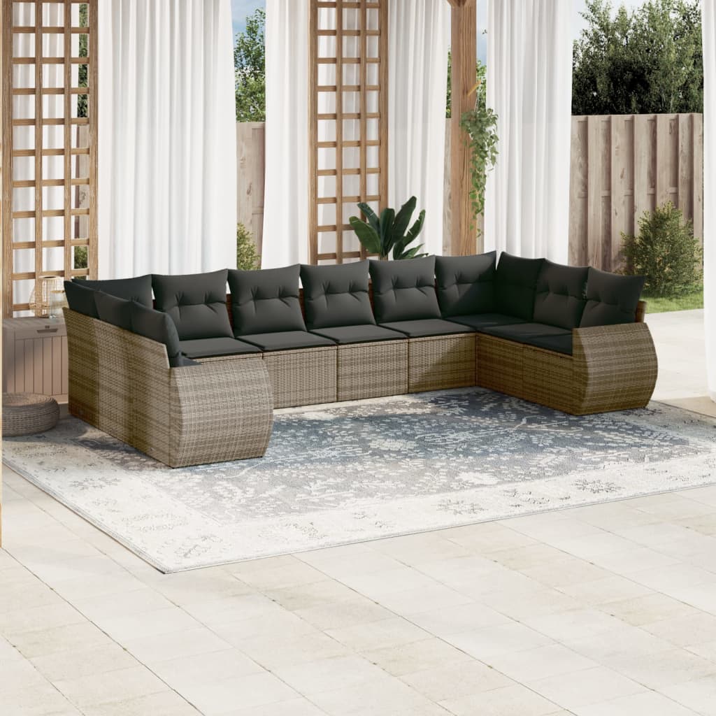 vidaXL 10-delige Loungeset met kussens poly rattan grijs