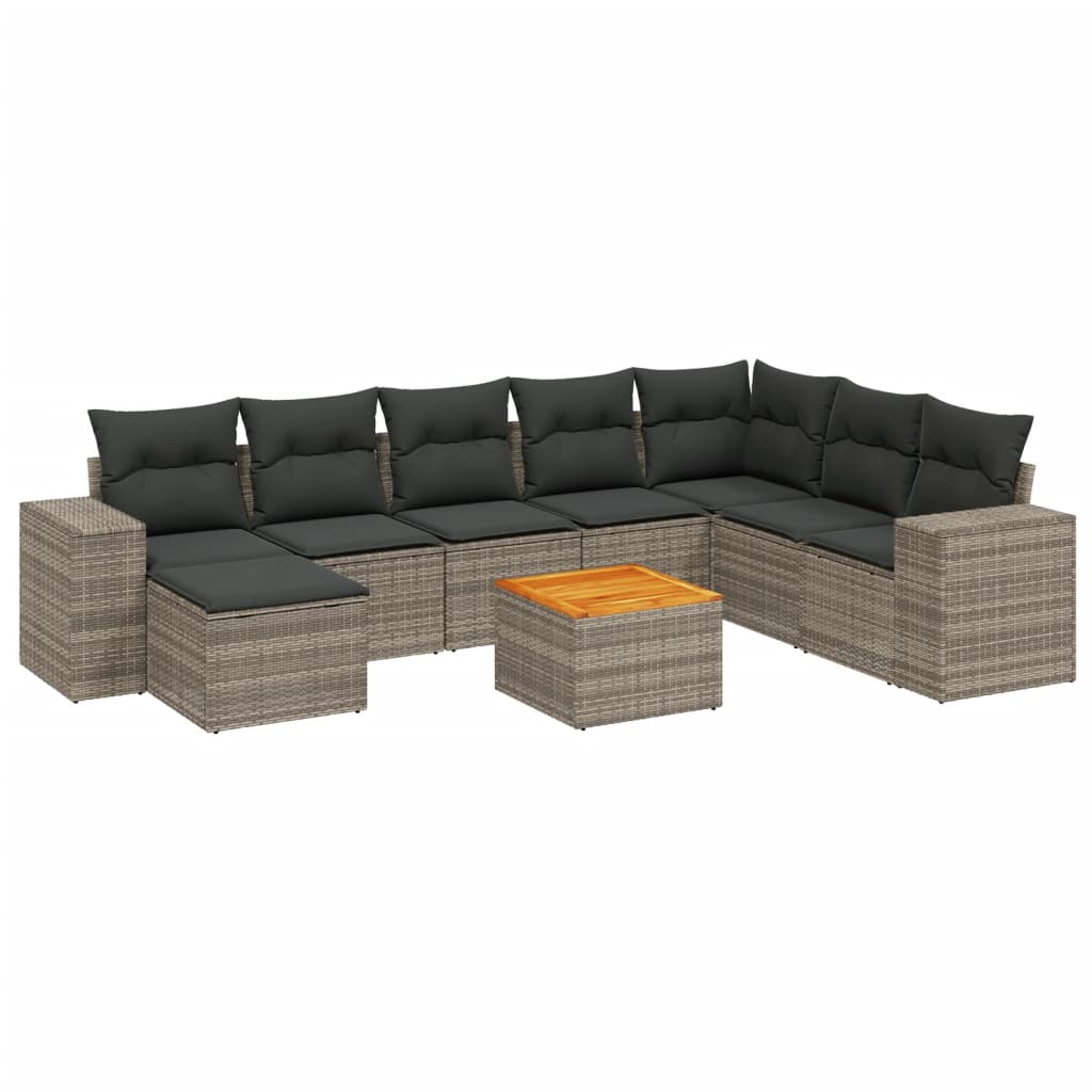 vidaXL 9-delige Loungeset met kussens poly rattan grijs