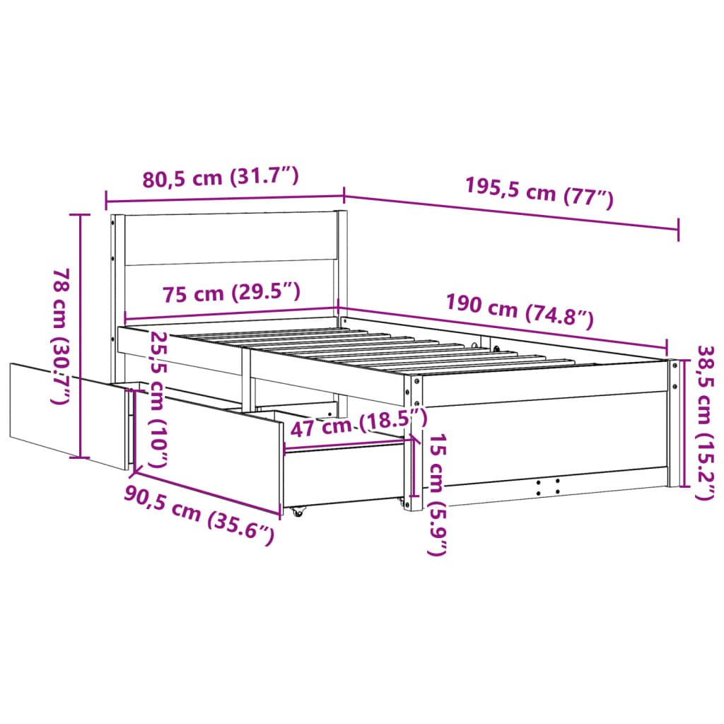 vidaXL Bedframe zonder matras massief grenenhout 75x190 cm