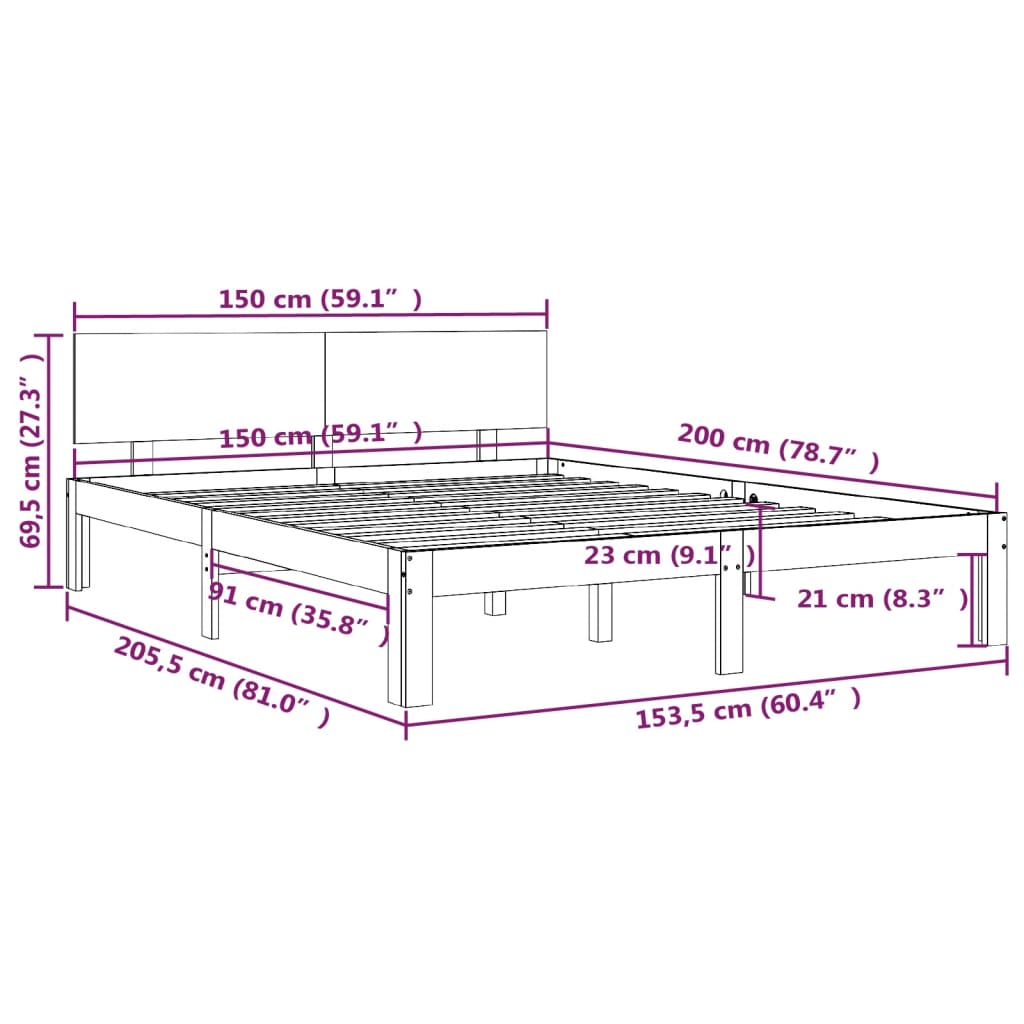 vidaXL Bedframe massief hout honingbruin 150x200 cm