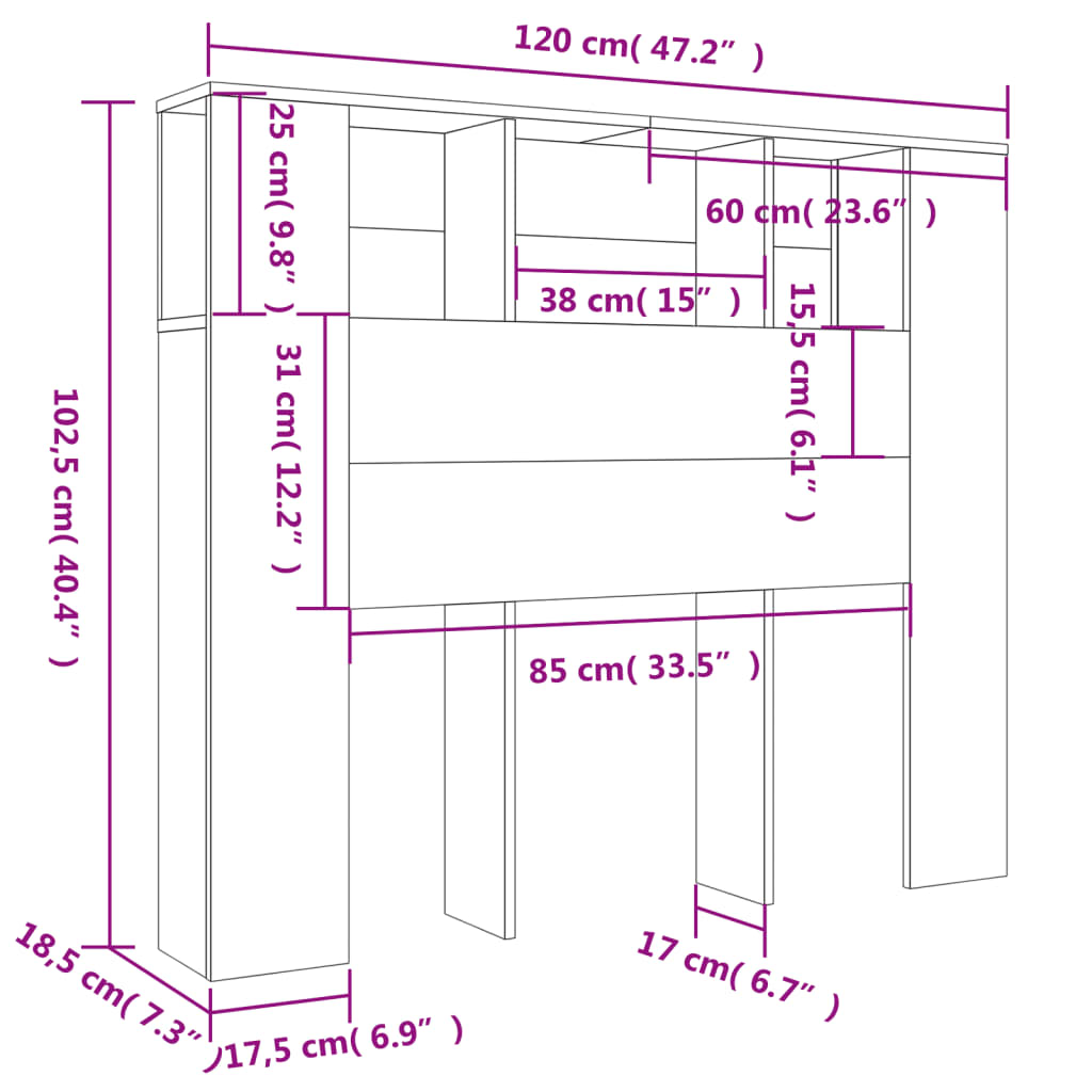 vidaXL Hoofdbordkast 120x18,5x102,5 cm betongrijs
