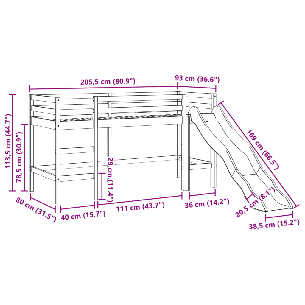 vidaXL Kinderhoogslaper met tunnel 80x200 cm massief grenenhout blauw