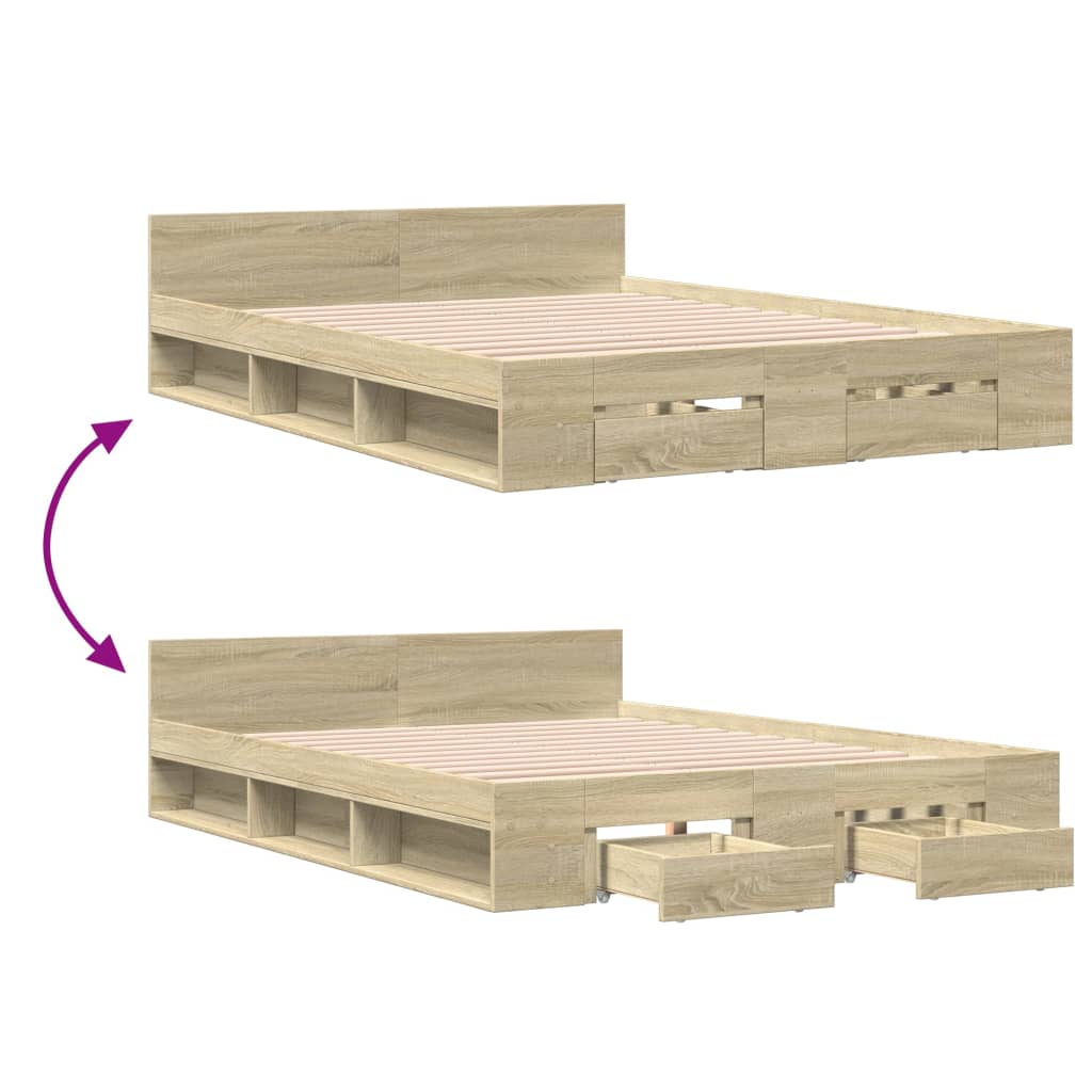 vidaXL Bedframe met lades bewerkt hout sonoma eikenkleurig 135x190 cm