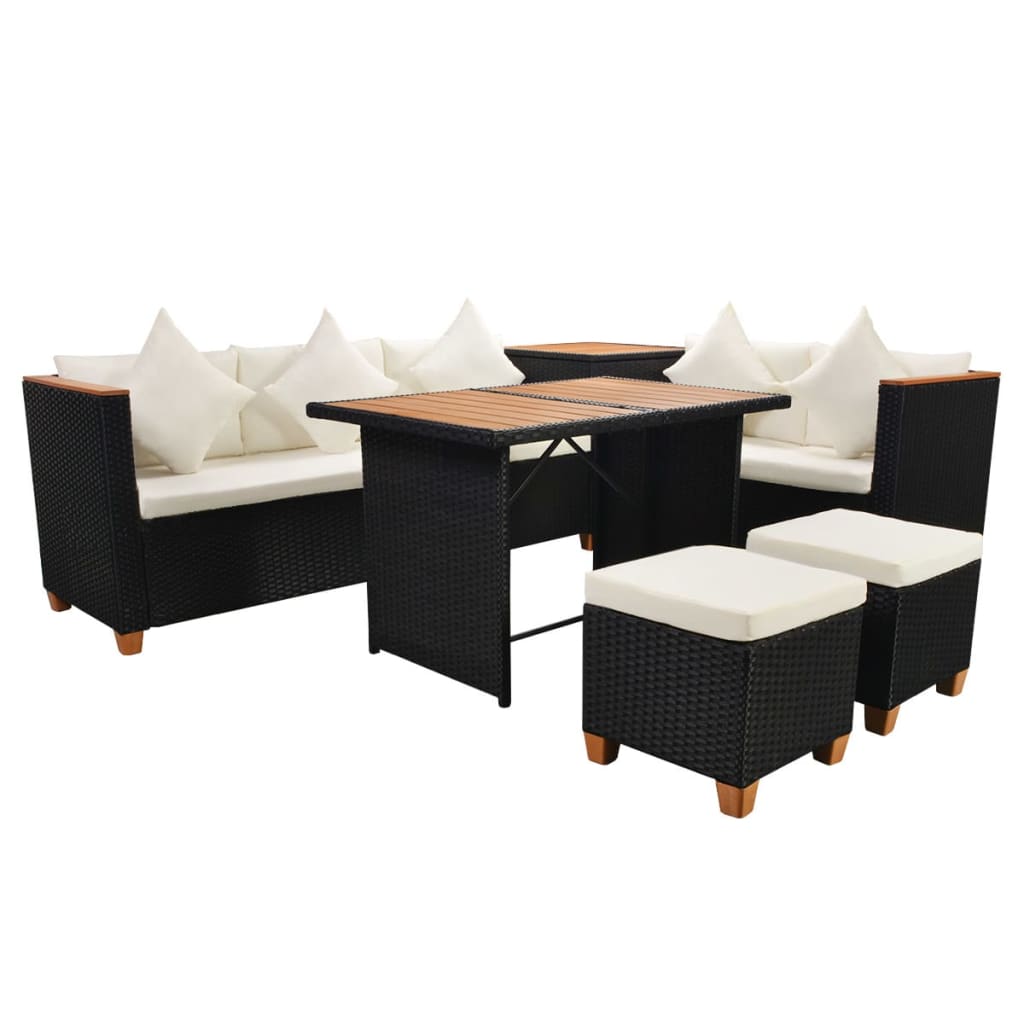 vidaXL 7-delige Loungeset met kussens poly rattan zwart