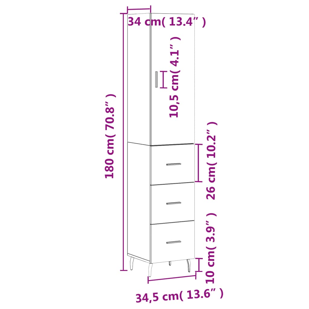 vidaXL Hoge kast 34,5x34x180 cm bewerkt hout bruin eikenkleur