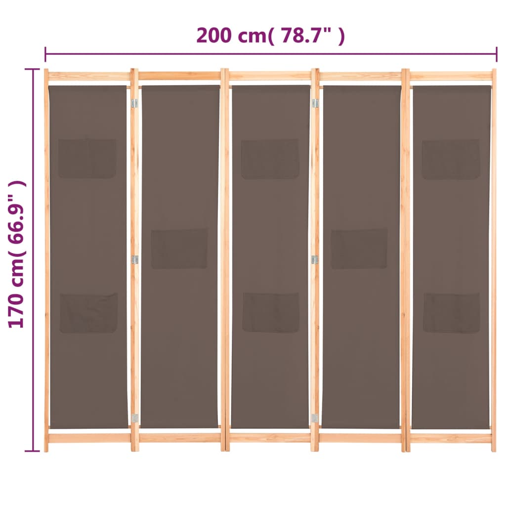 vidaXL Kamerscherm met 5 panelen 200x170x4 cm stof bruin