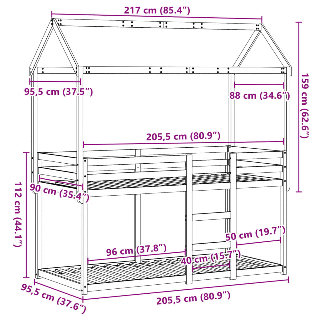 vidaXL Stapelbed met bedhuis massief grenenhout wasbruin 90x200 cm