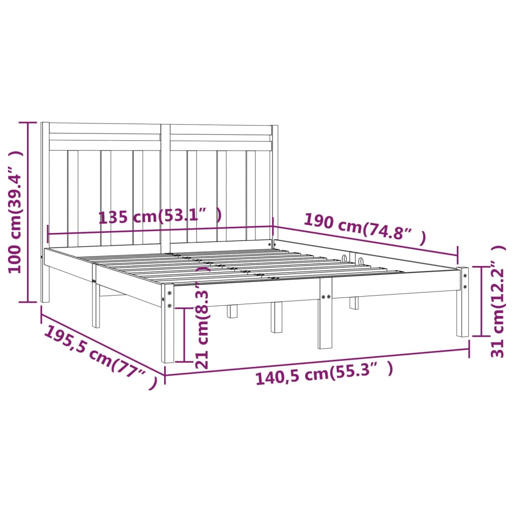 vidaXL Bedframe massief hout zwart 135x190 cm