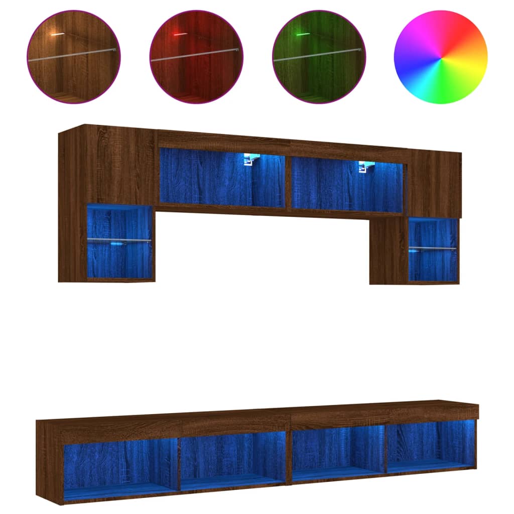 vidaXL 6-delige Tv-wandmeubelset met LED bewerkt hout bruineikenkleur