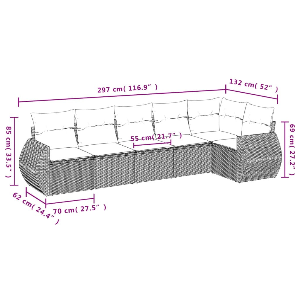 vidaXL 6-delige Loungeset met kussens poly rattan zwart