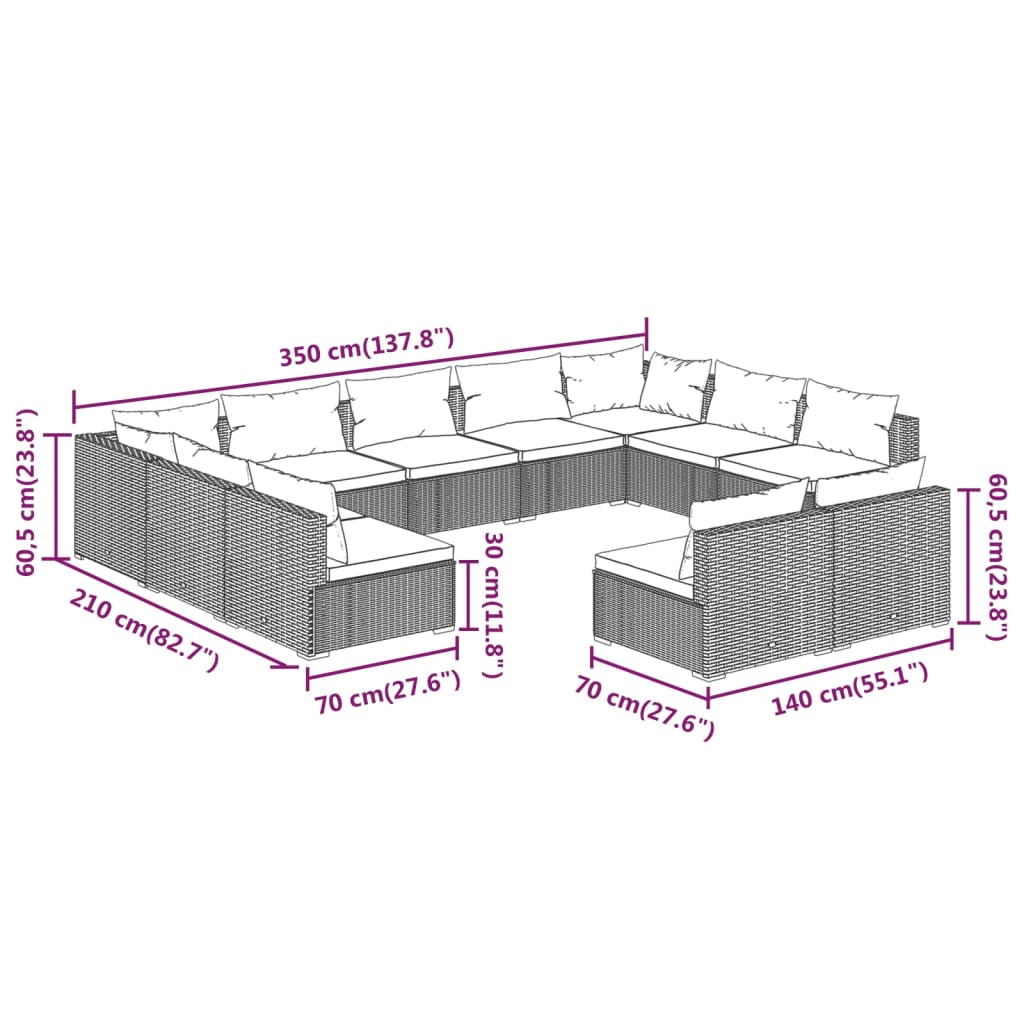 vidaXL 11-delige Loungeset met kussens poly rattan zwart