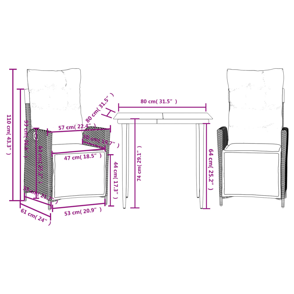 vidaXL 3-delige Tuinset met kussens poly rattan bruin