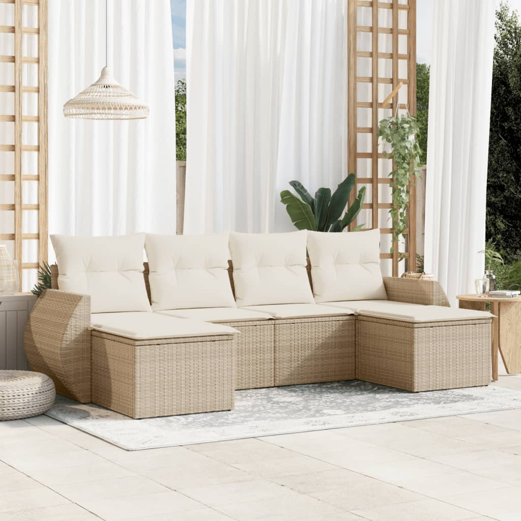 vidaXL 6-delige Loungeset met kussens poly rattan beige