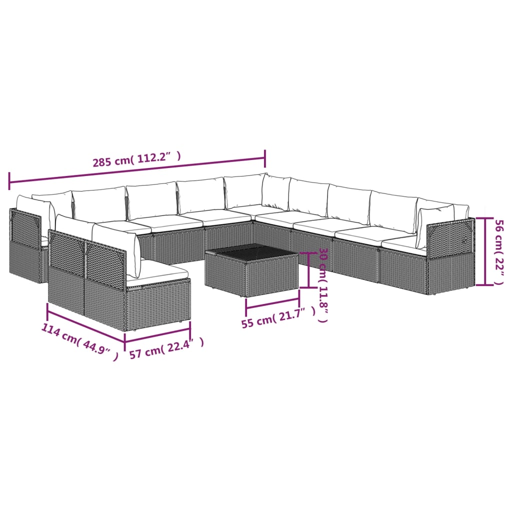 vidaXL 12-delige Loungeset met kussens poly rattan grijs