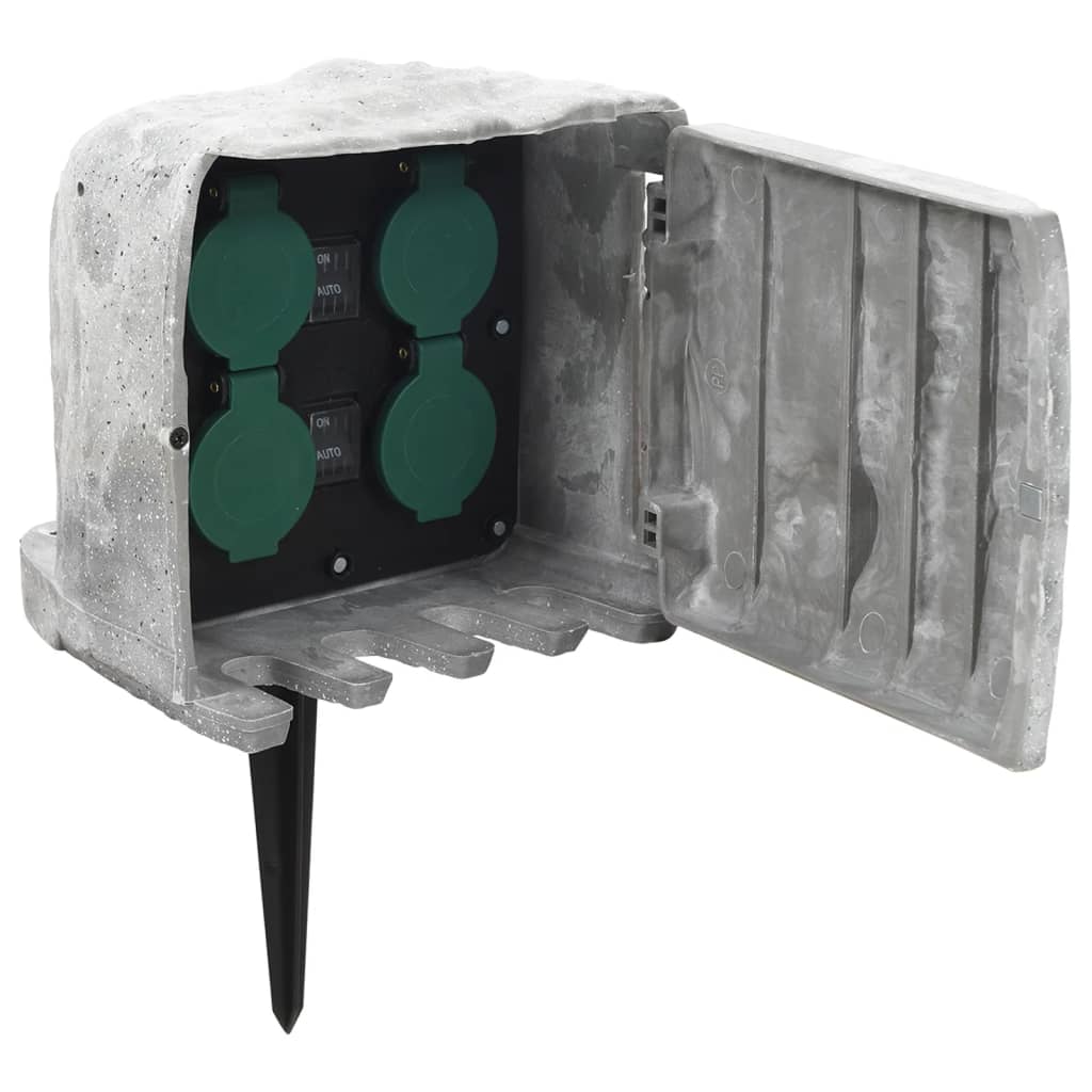 vidaXL Tuinstopcontact met grondpin lichtsensor 4-wegs steenlook grijs