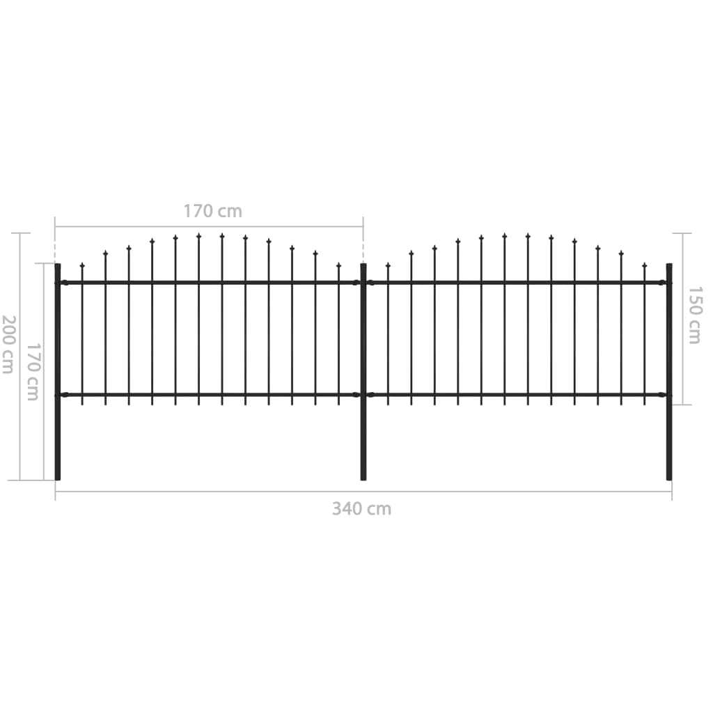 vidaXL Tuinhek met speren bovenkant (1,25-1,5)x3,4 m staal zwart