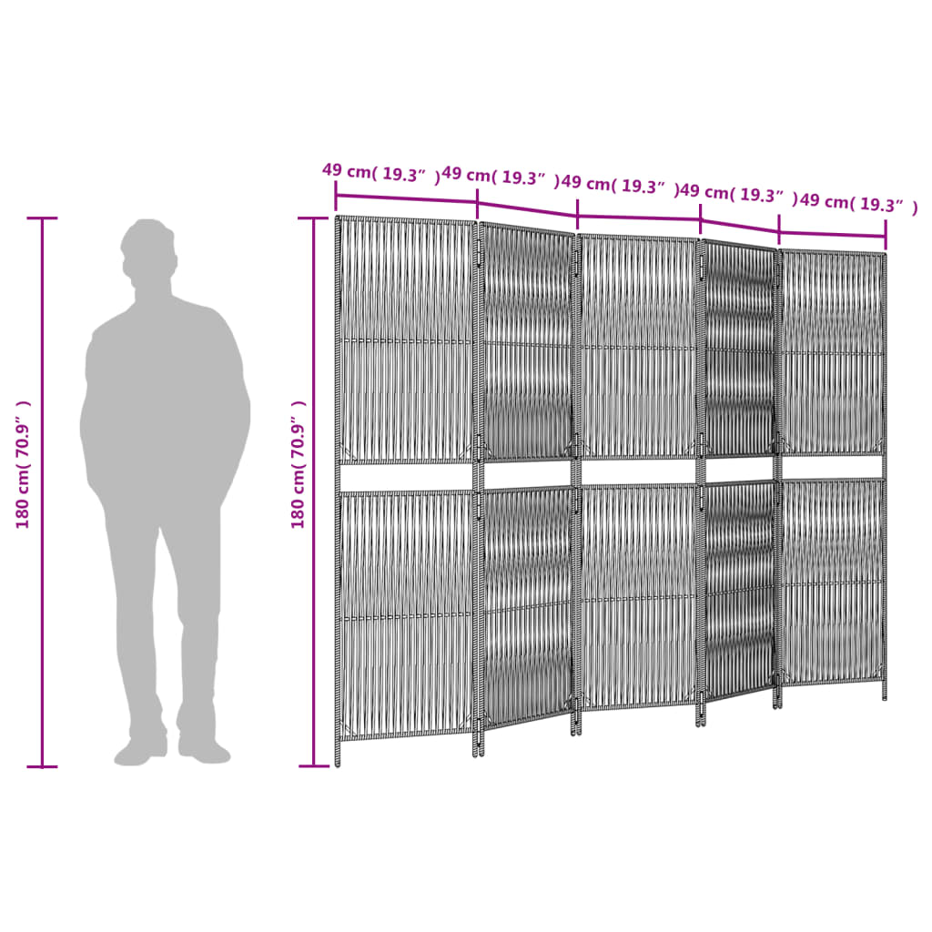 vidaXL Kamerscherm 5 panelen poly rattan grijs