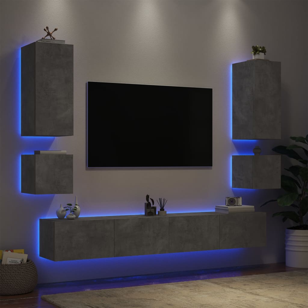 vidaXL 6-delige tv-wandmeubelset met LED-verlichting betongrijs