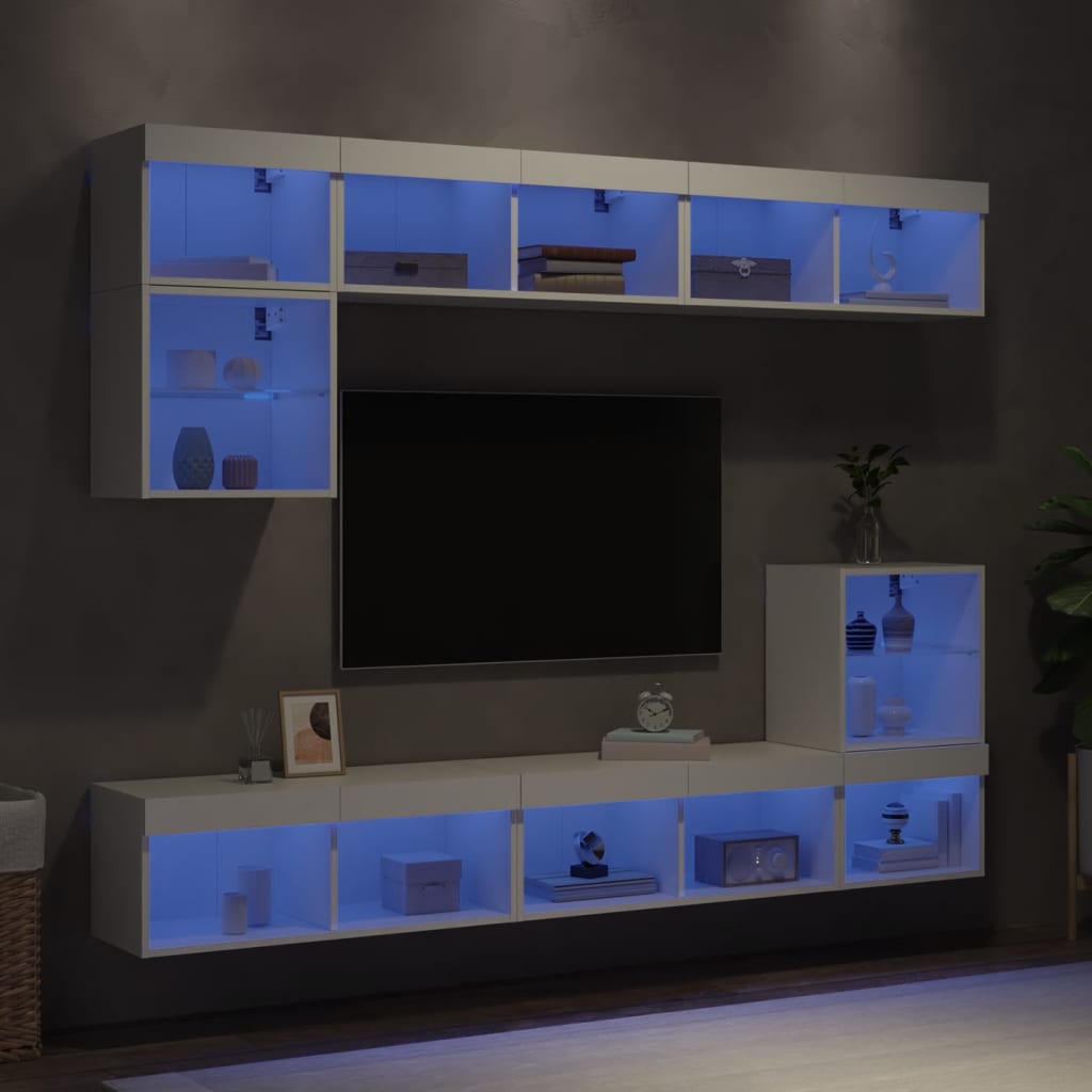 vidaXL 8-delige Tv-wandmeubelset met LED-verlichting bewerkt hout wit