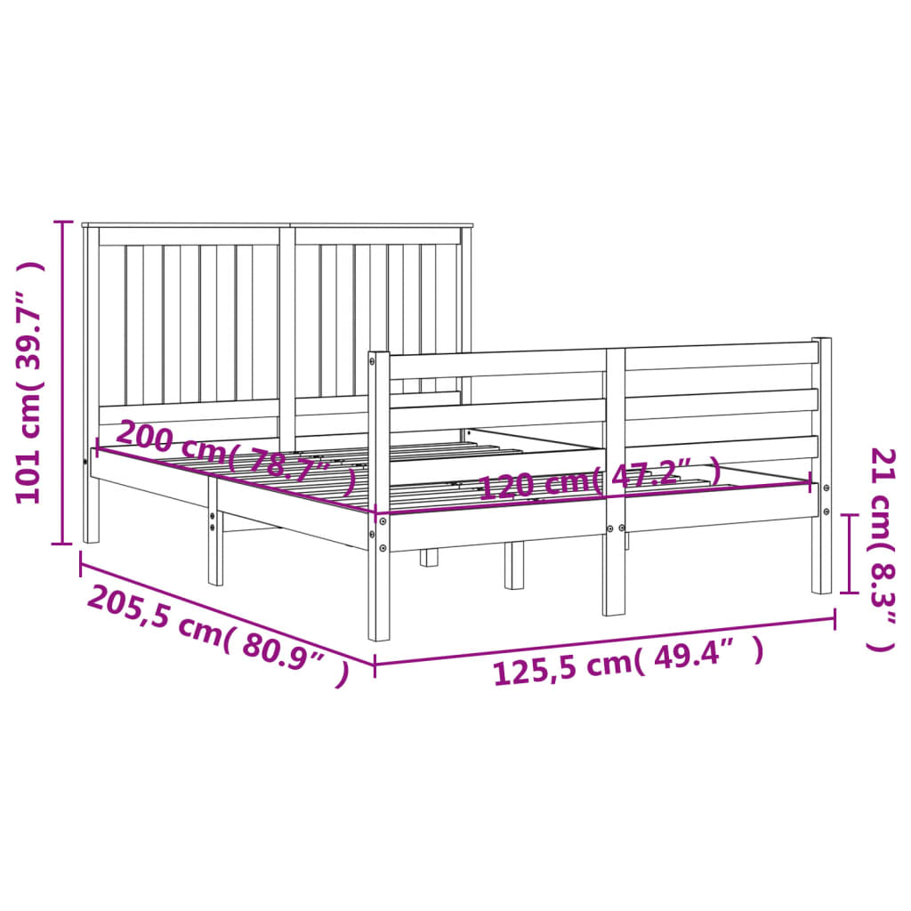 vidaXL Bedframe met hoofdbord massief hout zwart 120x200 cm