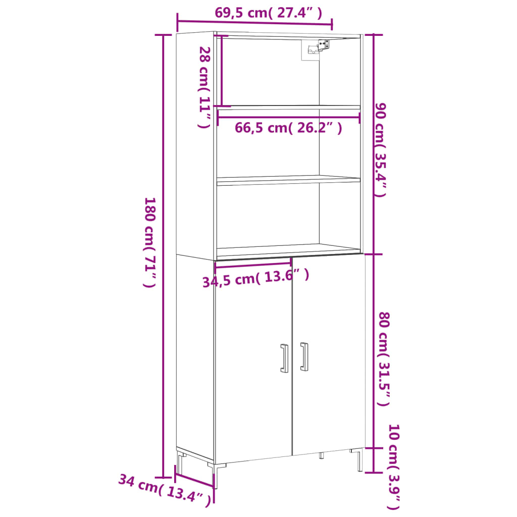 vidaXL Hoge kast 69,5x34x180 cm bewerkt hout grijs sonoma eikenkleurig