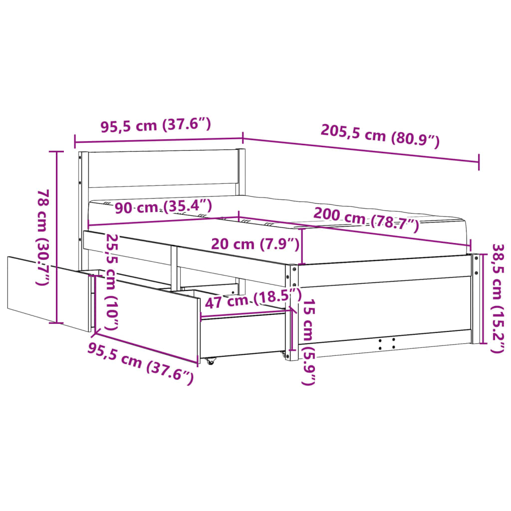 vidaXL Bed met lades en matras massief grenenhout 90x200 cm