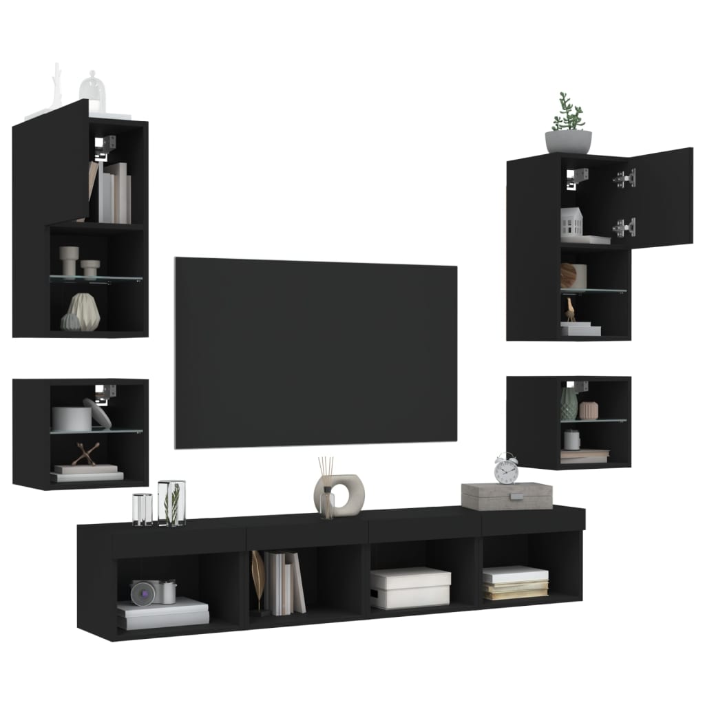 vidaXL 8-delige Tv-wandmeubelset met LED bewerkt hout zwart
