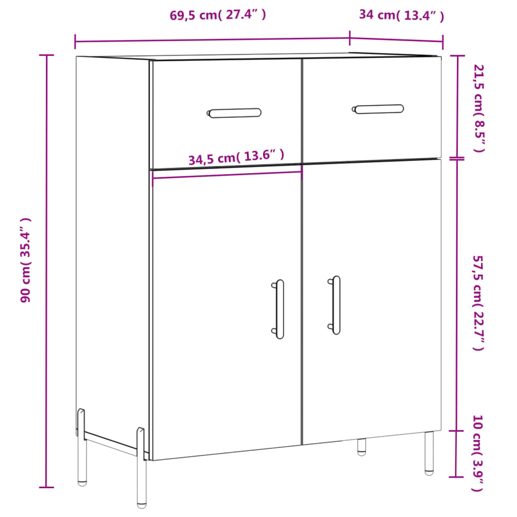 vidaXL Dressoir 69,5x34x90 cm bewerkt hout hoogglans wit